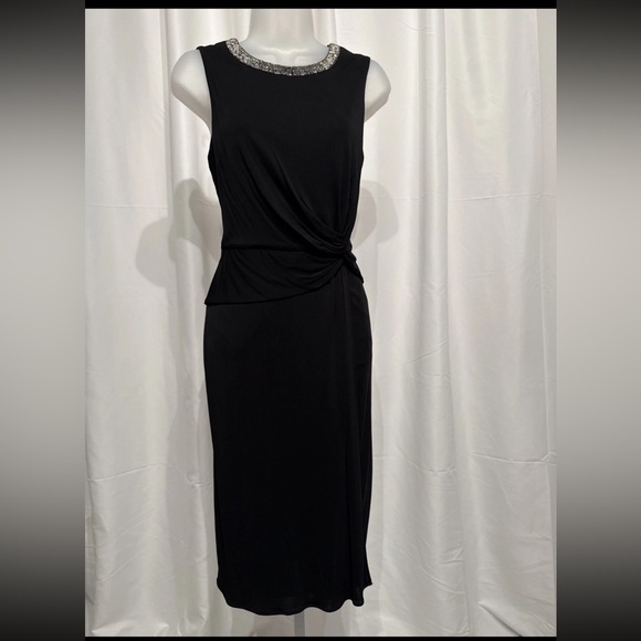 Anne Klein Dresses & Skirts - Anne Klein Black Ruched Holiday  Silver Beaded Neck Faux Wrap Dress Size 8